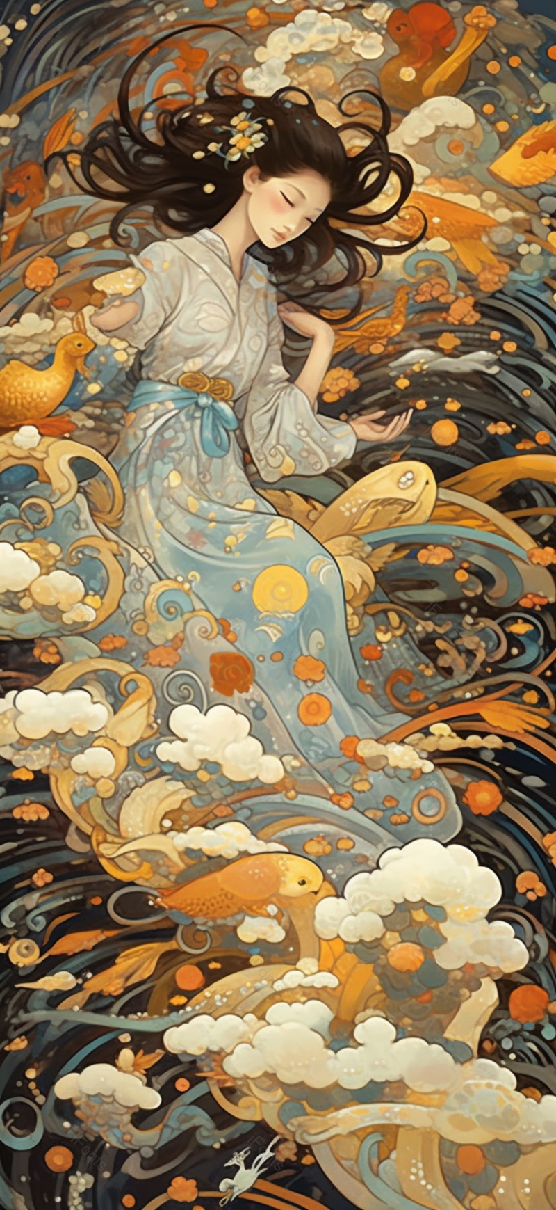神话故事水中女人古典祥云国潮风中国风传统文化节日插画,插画/手绘图,插画/手绘图库,插画/手绘图下载,插画/手绘
